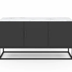 Buffet bas 113 cm 3 portes noires plateau effet marbre blanc*IDMarket Online