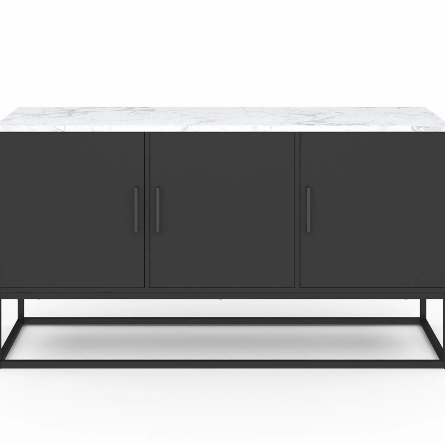 Buffet bas 113 cm 3 portes noires plateau effet marbre blanc*IDMarket Online