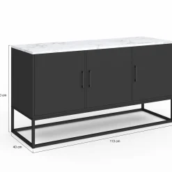 Buffet bas 113 cm 3 portes noires plateau effet marbre blanc*IDMarket Online