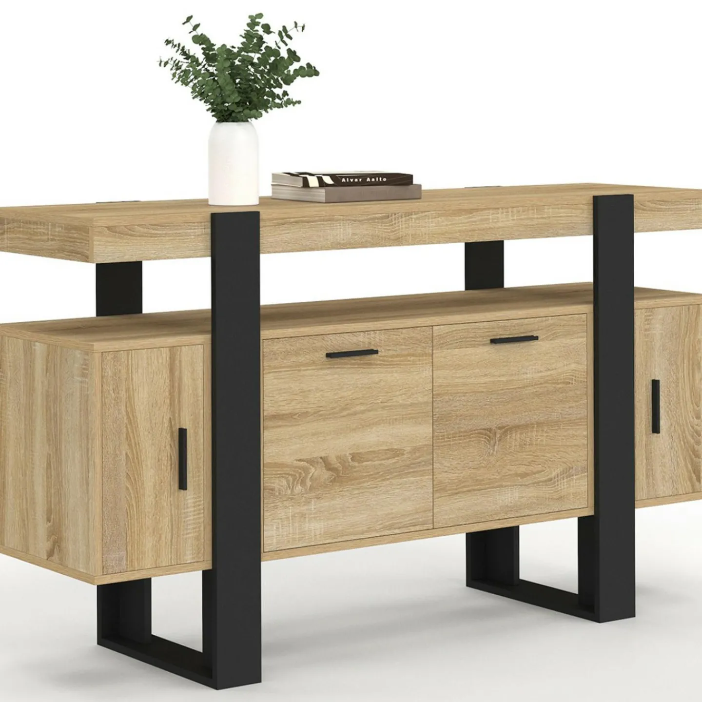 Buffet bas 140 cm bois imitation hêtre et noir 4 portes*IDMarket Hot