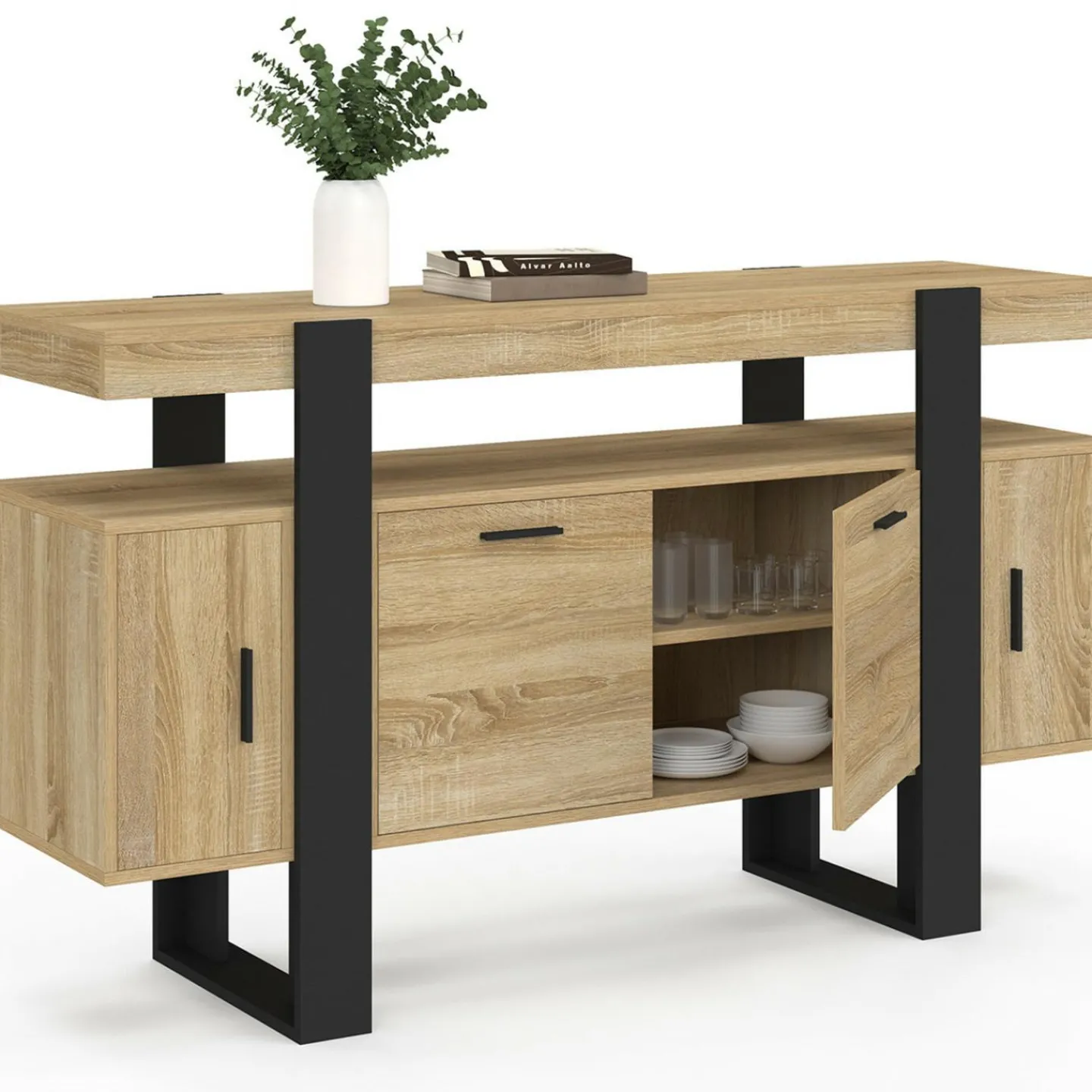 Buffet bas 140 cm bois imitation hêtre et noir 4 portes*IDMarket Hot