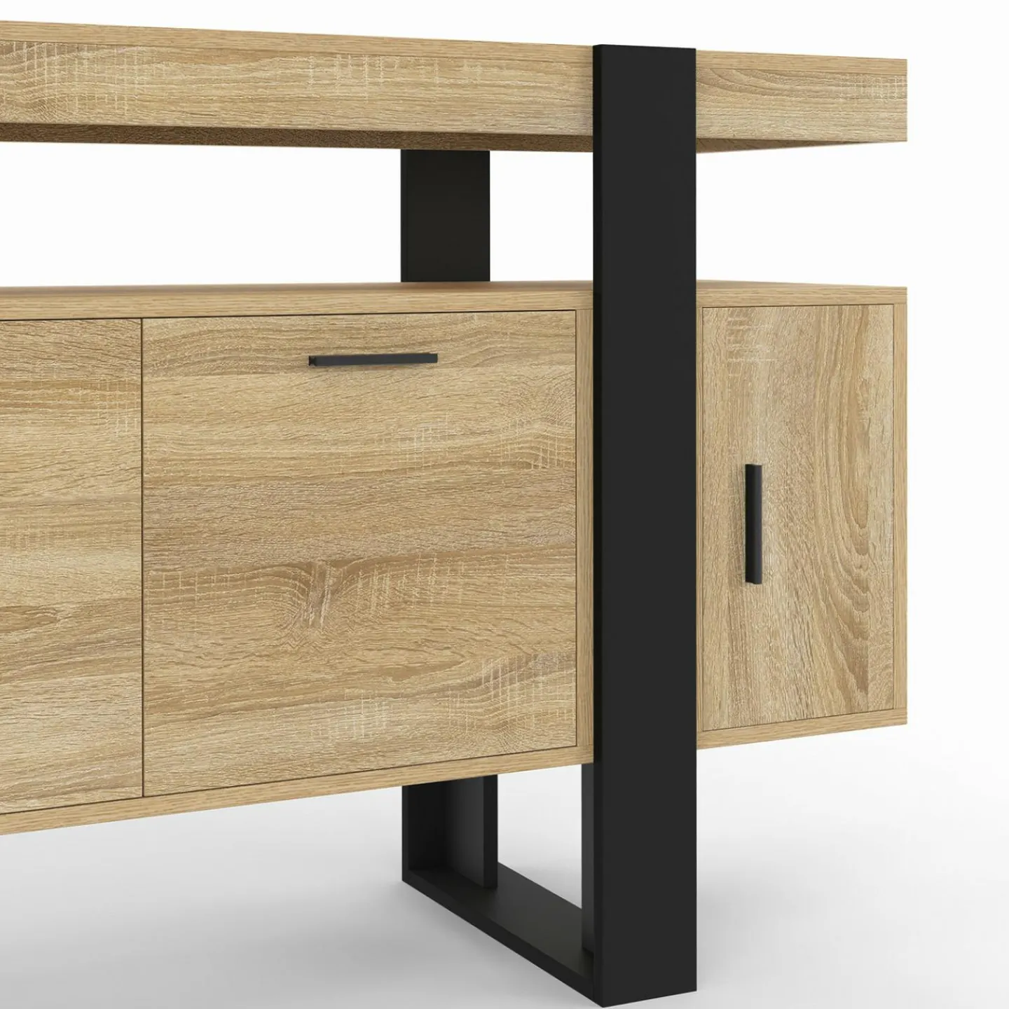 Buffet bas 140 cm bois imitation hêtre et noir 4 portes*IDMarket Hot
