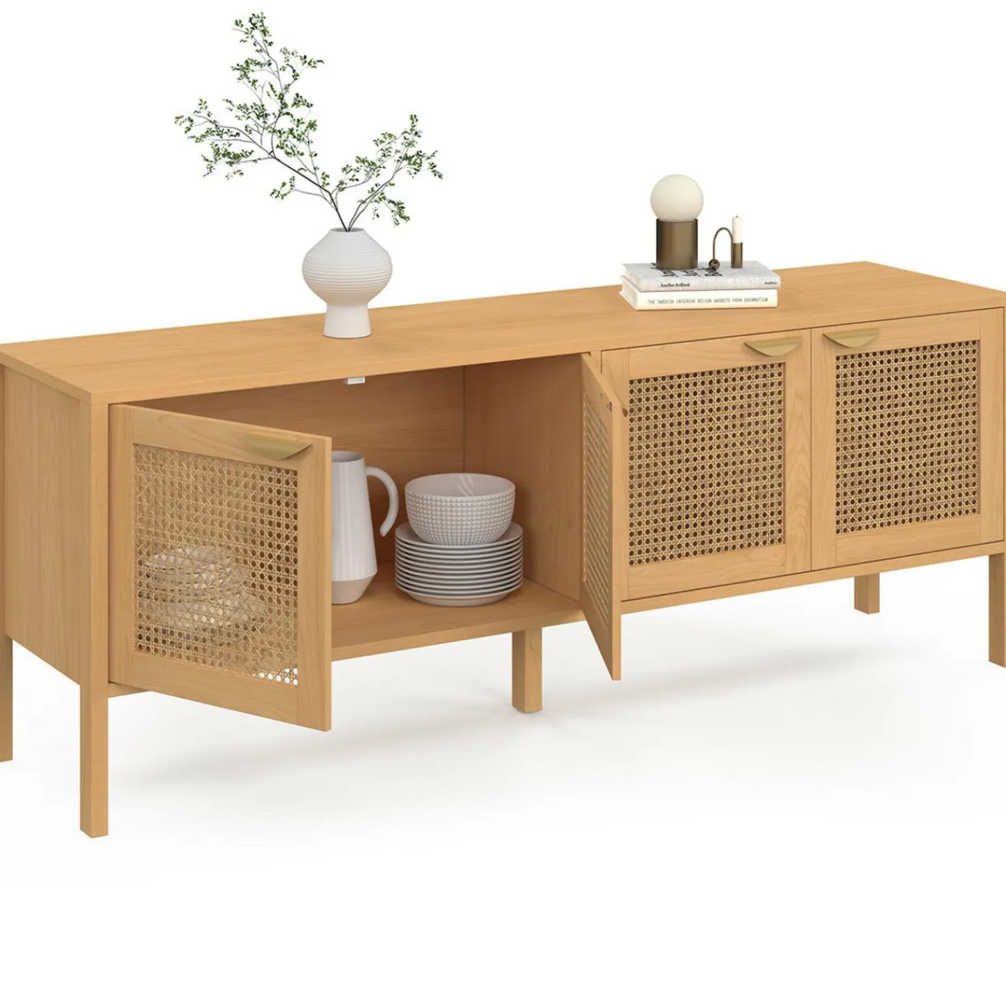 Buffet bas 4 portes bois et cannage 160 cm*IDMarket