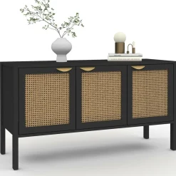 Buffet bas 3 portes bois noir et cannage 110 cm*IDMarket Best