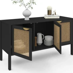Buffet bas 3 portes bois noir et cannage 110 cm*IDMarket Best