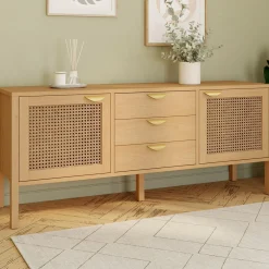 Buffet bas bois et cannage 140 cm avec 2 portes et 3 tiroirs*IDMarket Best