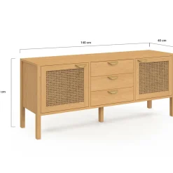 Buffet bas bois et cannage 140 cm avec 2 portes et 3 tiroirs*IDMarket Best