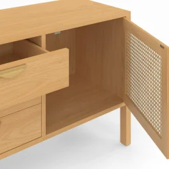 Buffet bas bois et cannage 140 cm avec 2 portes et 3 tiroirs*IDMarket Best