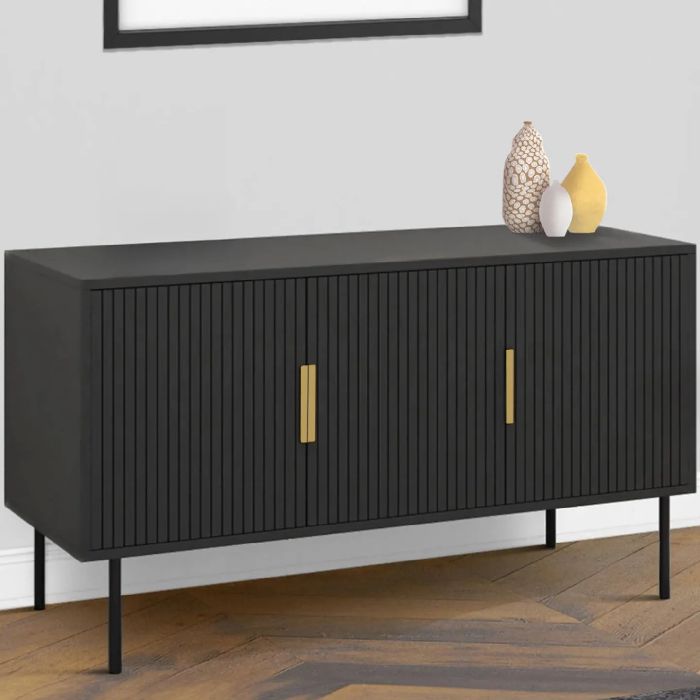 Buffet bas bois noir 110cm 3 portes effet lattes*IDMarket New