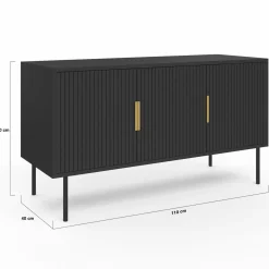 Buffet bas bois noir 110cm 3 portes effet lattes*IDMarket New