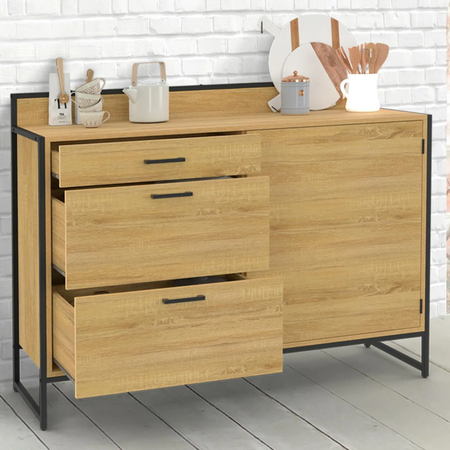 Buffet bas de cuisine 120 cm 3 tiroirs design industriel*IDMarket Online