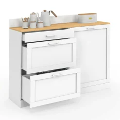 Buffet bas de cuisine 120 cm casserolier plan de travail H.83 cm 1 porte + 3 tiroirs blanc et plateau façon hêtre*IDMarket New