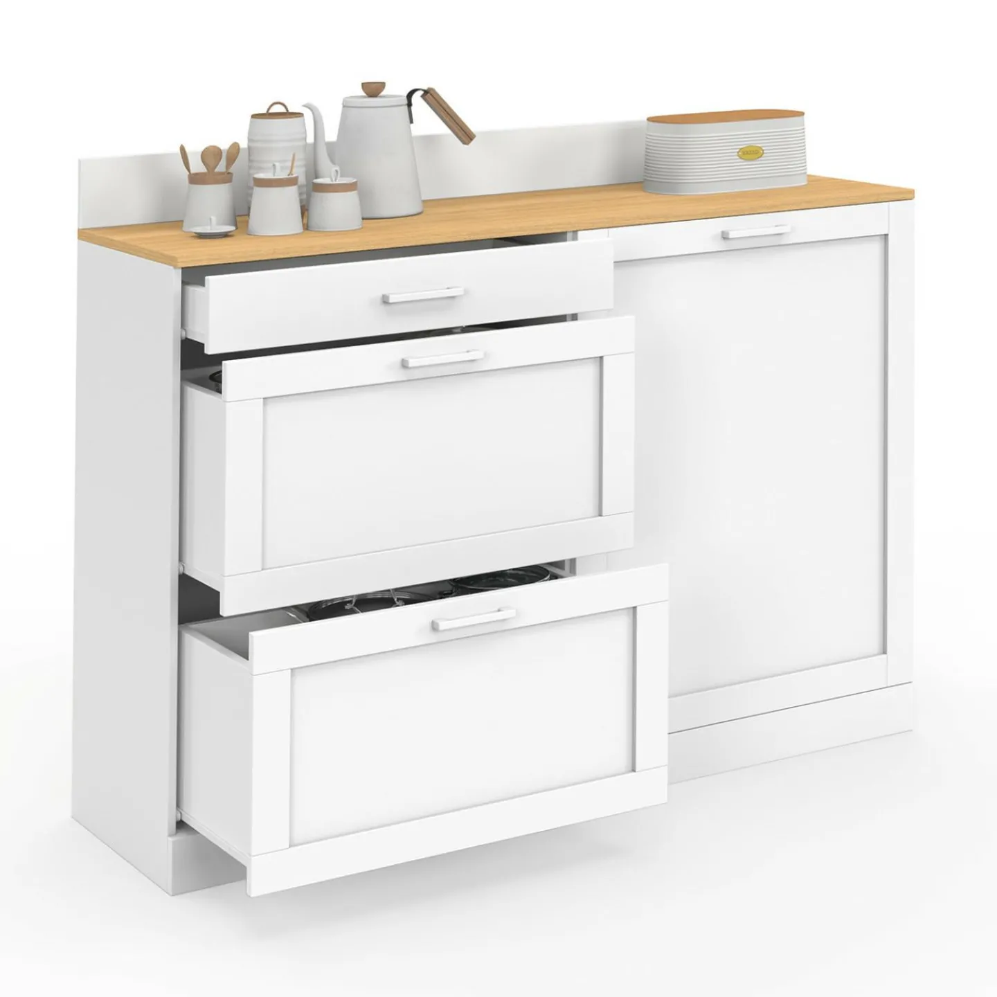 Buffet bas de cuisine 120 cm casserolier plan de travail H.83 cm 1 porte + 3 tiroirs blanc et plateau façon hêtre*IDMarket New