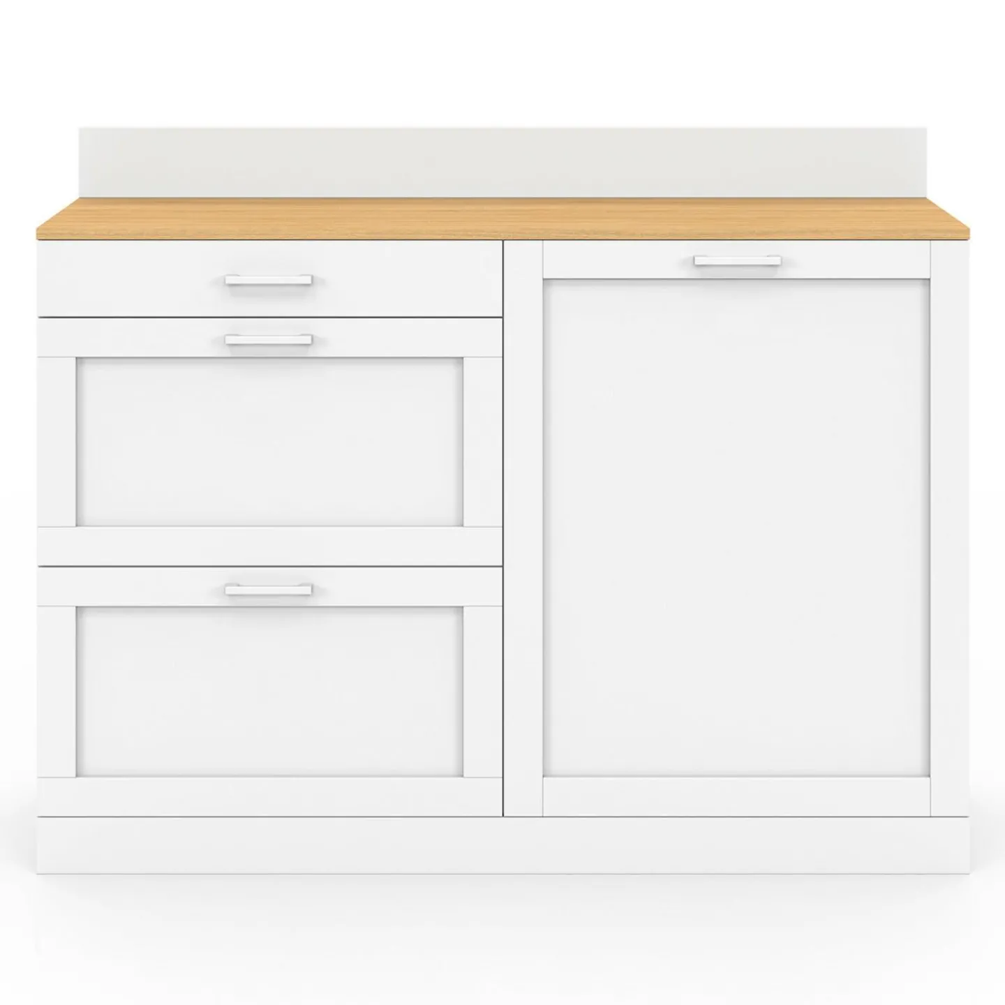Buffet bas de cuisine 120 cm casserolier plan de travail H.83 cm 1 porte + 3 tiroirs blanc et plateau façon hêtre*IDMarket New