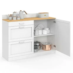 Buffet bas de cuisine 120 cm casserolier plan de travail H.83 cm 1 porte + 3 tiroirs blanc et plateau façon hêtre*IDMarket New