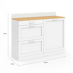 Buffet bas de cuisine 120 cm casserolier plan de travail H.83 cm 1 porte + 3 tiroirs blanc et plateau façon hêtre*IDMarket New