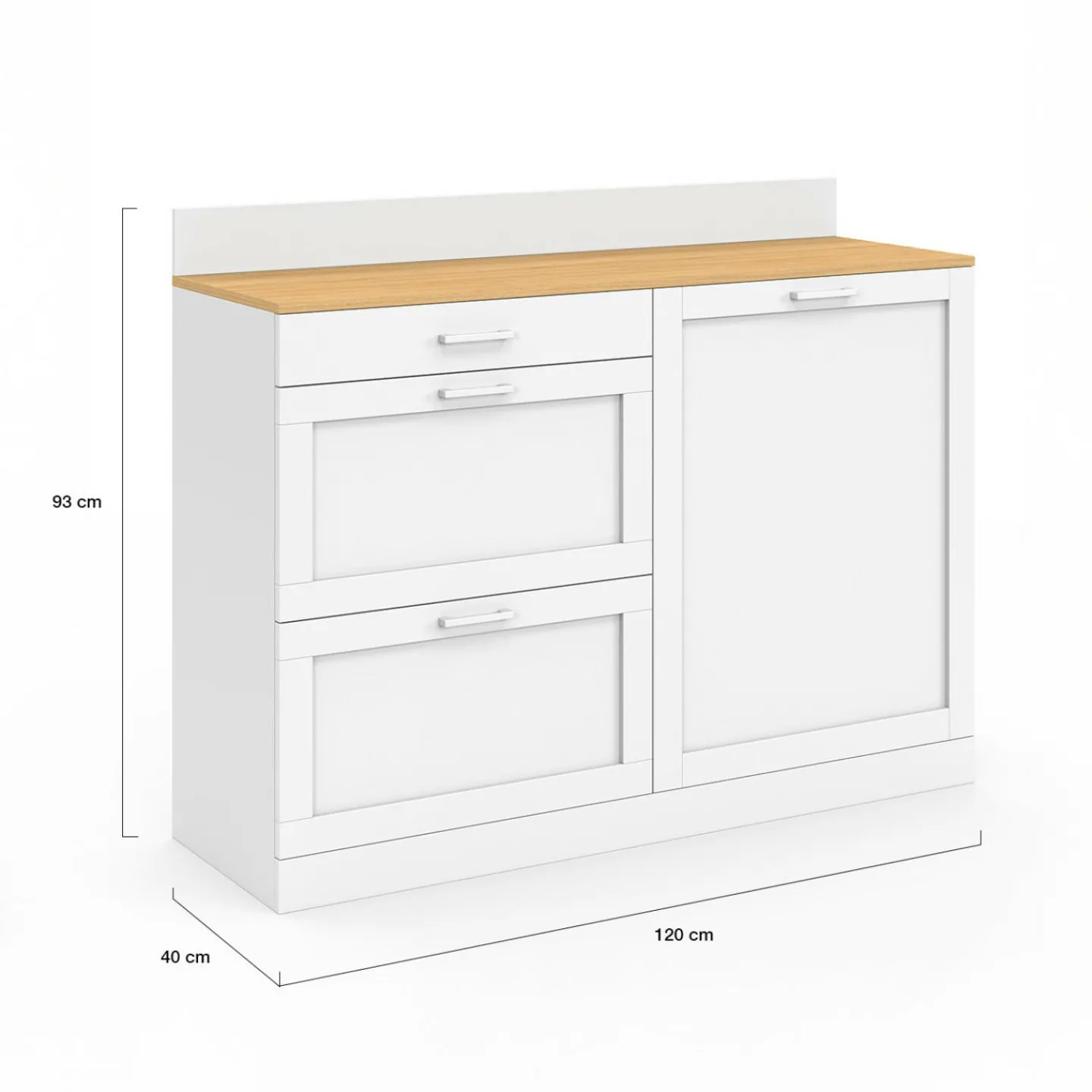 Buffet bas de cuisine 120 cm casserolier plan de travail H.83 cm 1 porte + 3 tiroirs blanc et plateau façon hêtre*IDMarket New