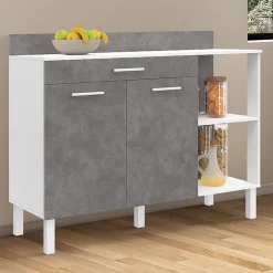 Buffet bas de cuisine blanc 120 cm 2 portes + tiroir effet béton*IDMarket Outlet