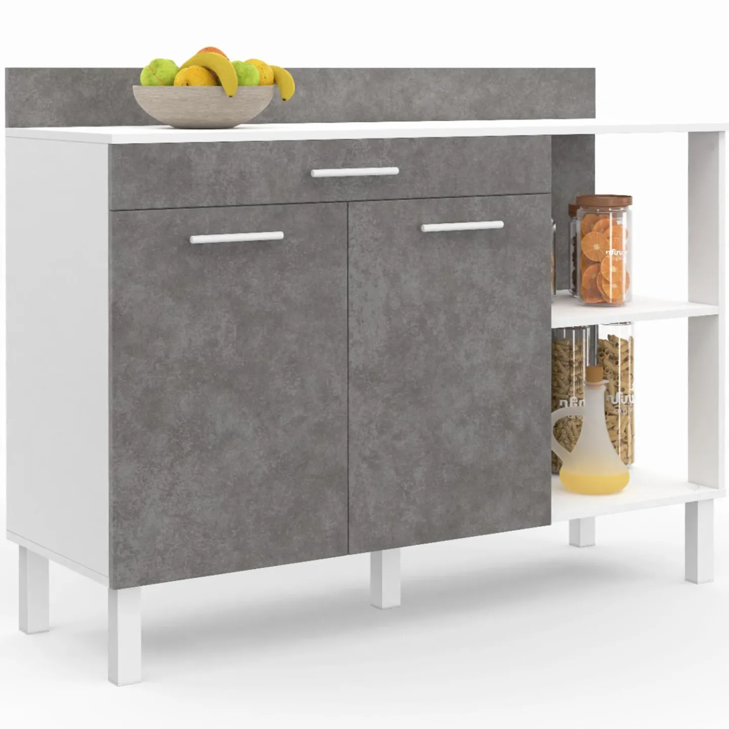Buffet bas de cuisine blanc 120 cm 2 portes + tiroir effet béton*IDMarket Outlet
