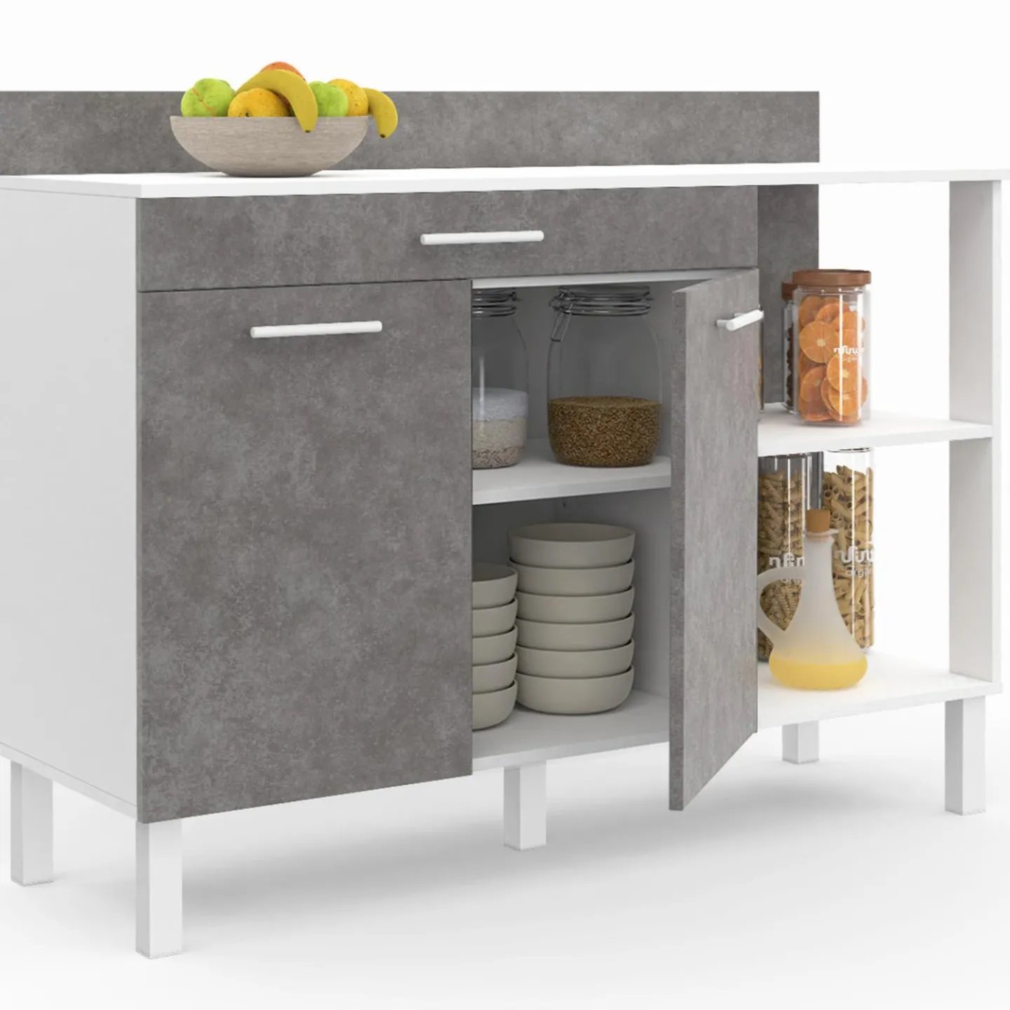 Buffet bas de cuisine blanc 120 cm 2 portes + tiroir effet béton*IDMarket Outlet