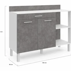 Buffet bas de cuisine blanc 120 cm 2 portes + tiroir effet béton*IDMarket Outlet