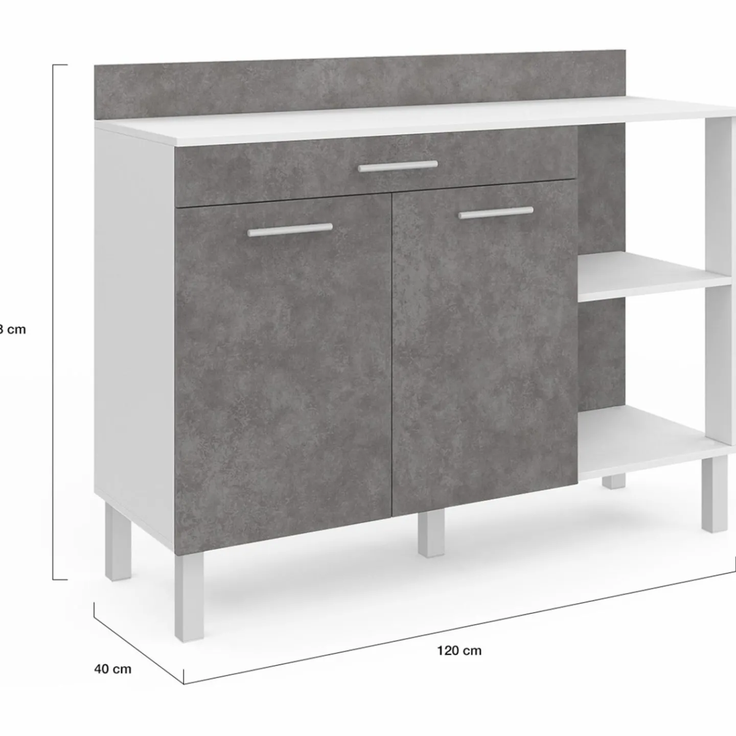 Buffet bas de cuisine blanc 120 cm 2 portes + tiroir effet béton*IDMarket Outlet