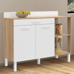Buffet bas de cuisine bois façon hêtre 120 cm 2 portes + tiroir blanc*IDMarket