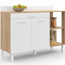 Buffet bas de cuisine bois façon hêtre 120 cm 2 portes + tiroir blanc*IDMarket