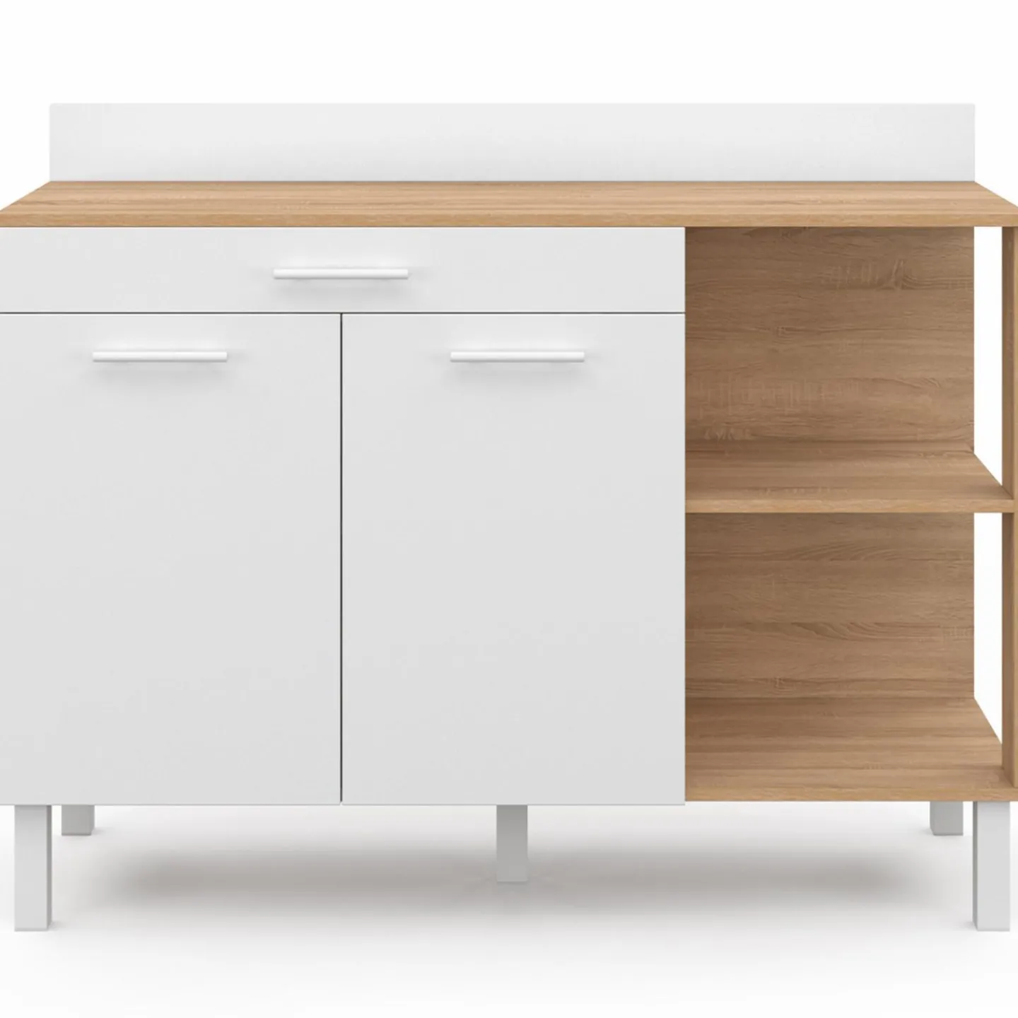 Buffet bas de cuisine bois façon hêtre 120 cm 2 portes + tiroir blanc*IDMarket