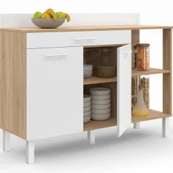 Buffet bas de cuisine bois façon hêtre 120 cm 2 portes + tiroir blanc*IDMarket