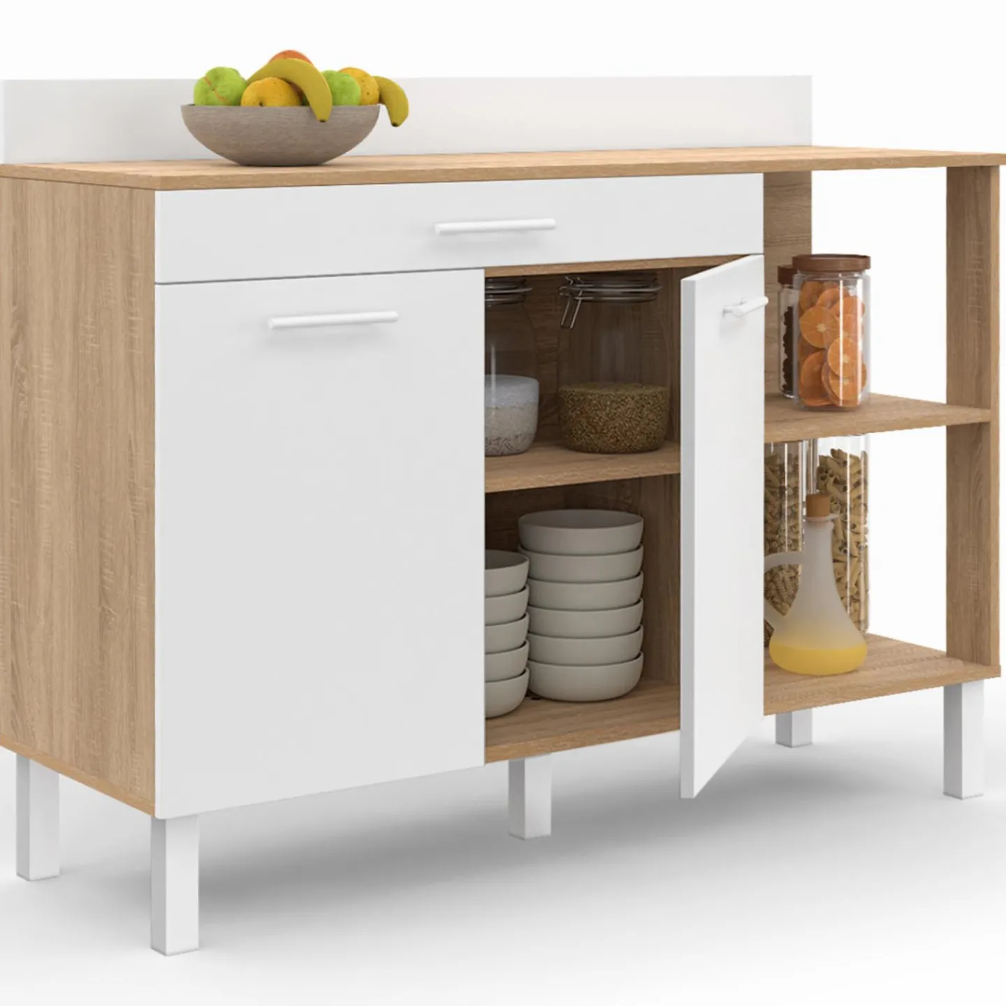 Buffet bas de cuisine bois façon hêtre 120 cm 2 portes + tiroir blanc*IDMarket