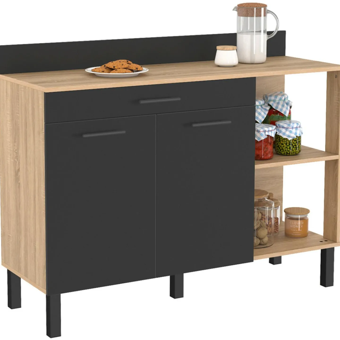 Buffet bas de cuisine bois façon hêtre 120 cm 2 portes + tiroir noir*IDMarket Hot