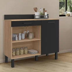 Buffet bas de cuisine en bois façon hêtre 100 cm porte + tiroir noir*IDMarket Outlet