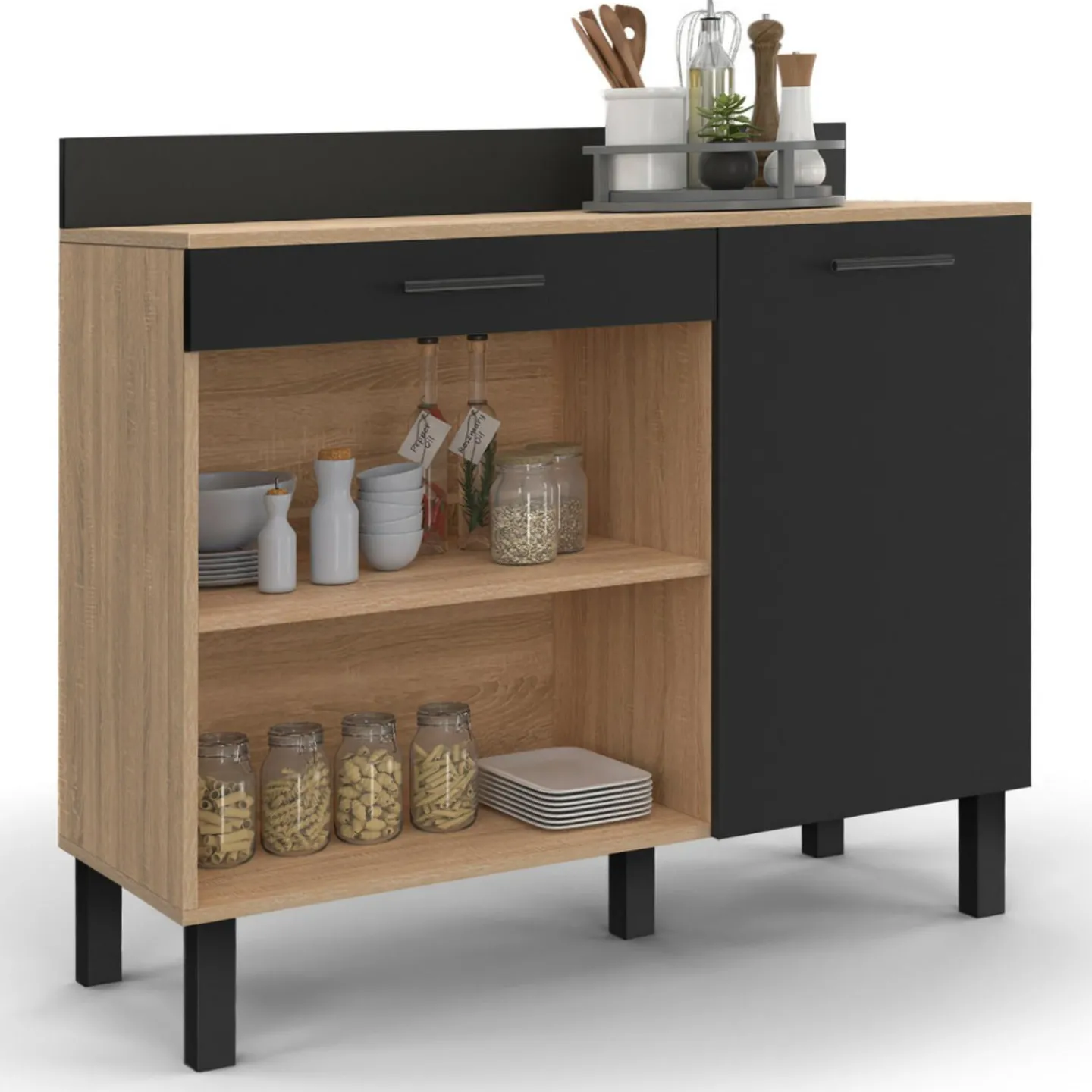 Buffet bas de cuisine en bois façon hêtre 100 cm porte + tiroir noir*IDMarket Outlet