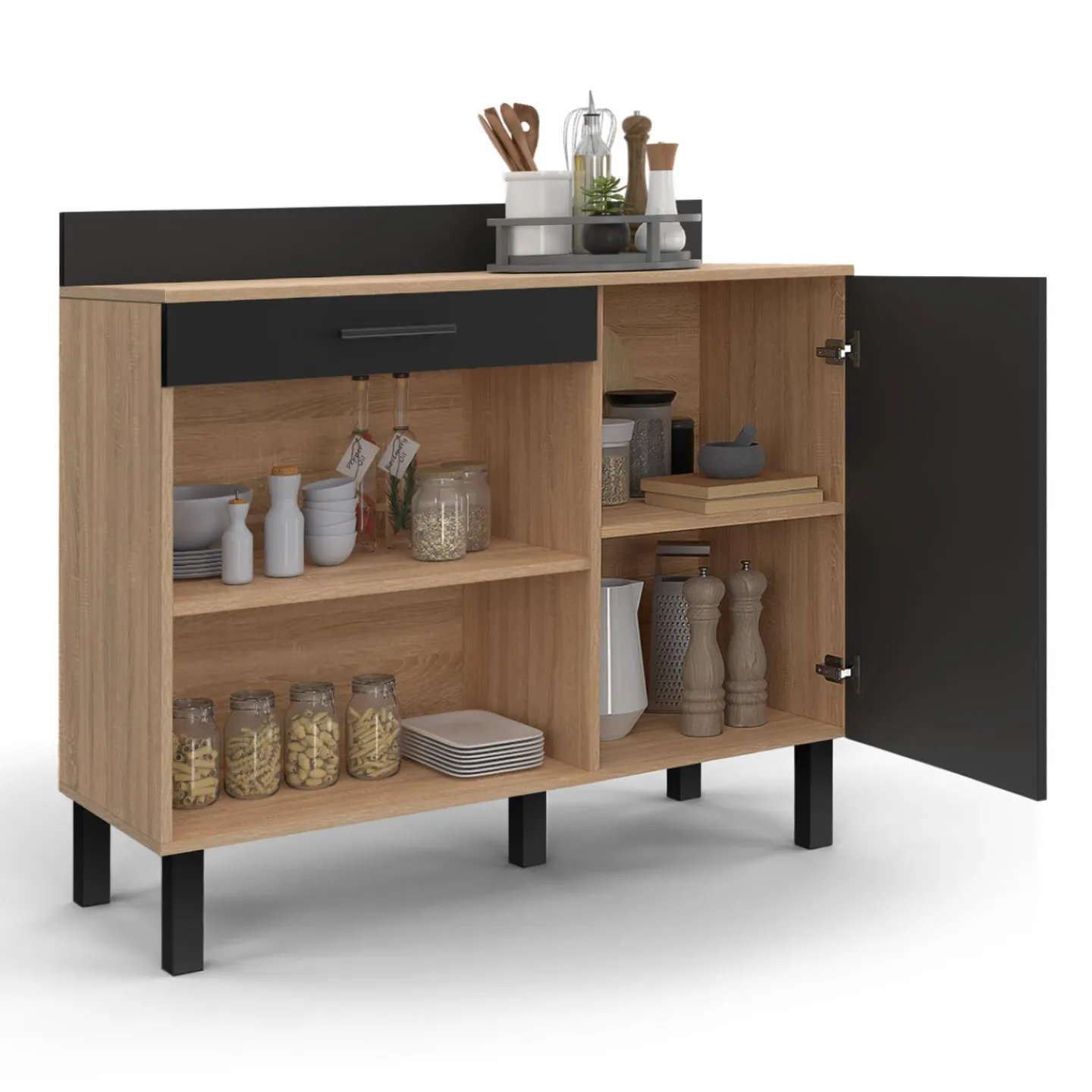 Buffet bas de cuisine en bois façon hêtre 100 cm porte + tiroir noir*IDMarket Outlet