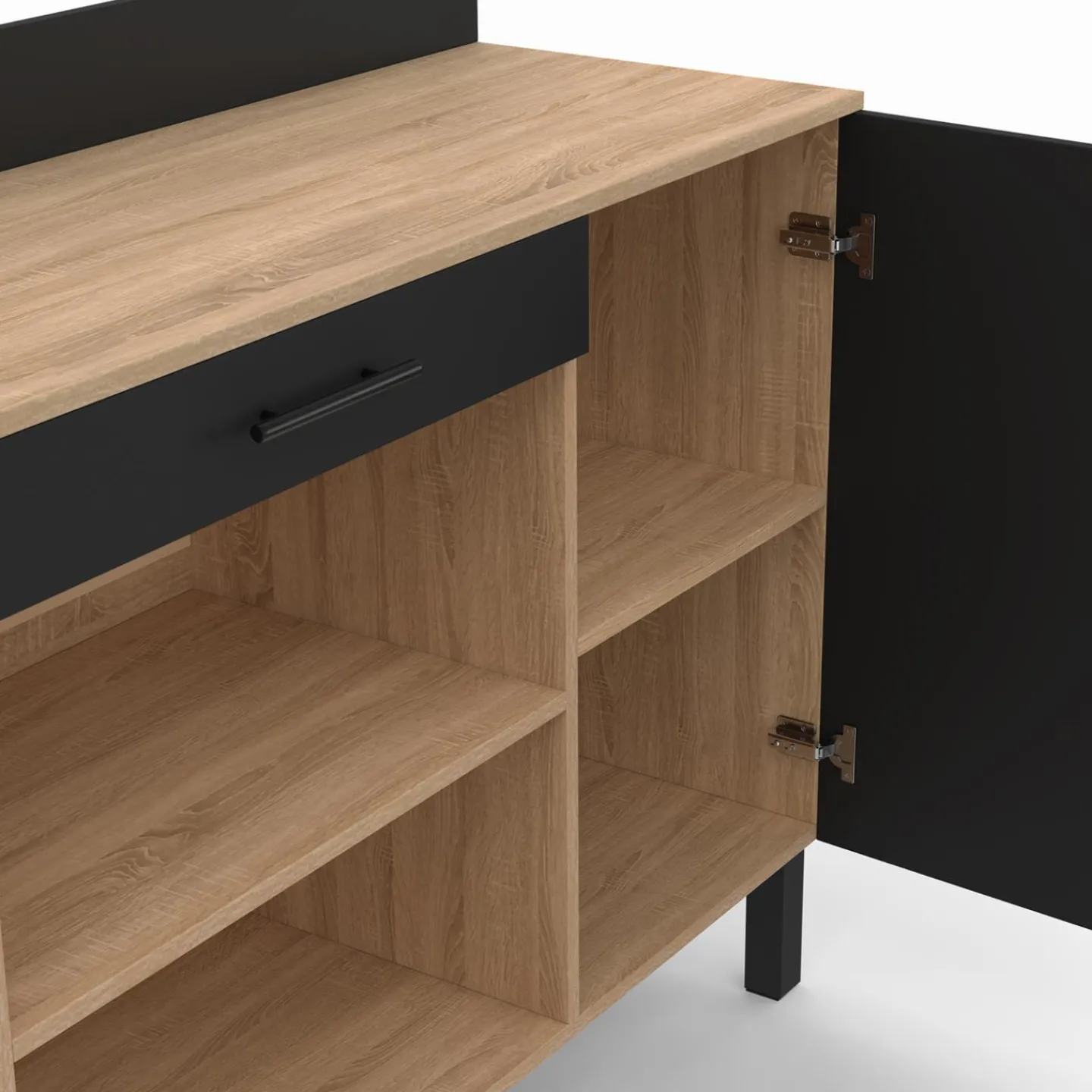 Buffet bas de cuisine en bois façon hêtre 100 cm porte + tiroir noir*IDMarket Outlet