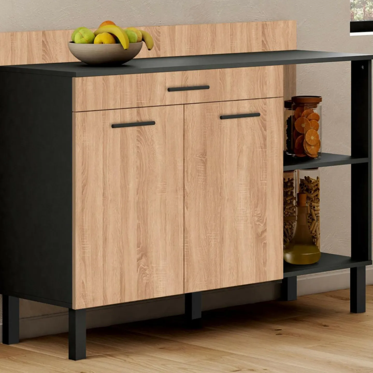 Buffet bas de cuisine noir 120 cm 2 portes + tiroir bois façon hêtre*IDMarket Online