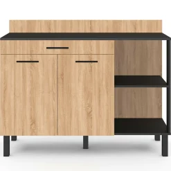 Buffet bas de cuisine noir 120 cm 2 portes + tiroir bois façon hêtre*IDMarket Online