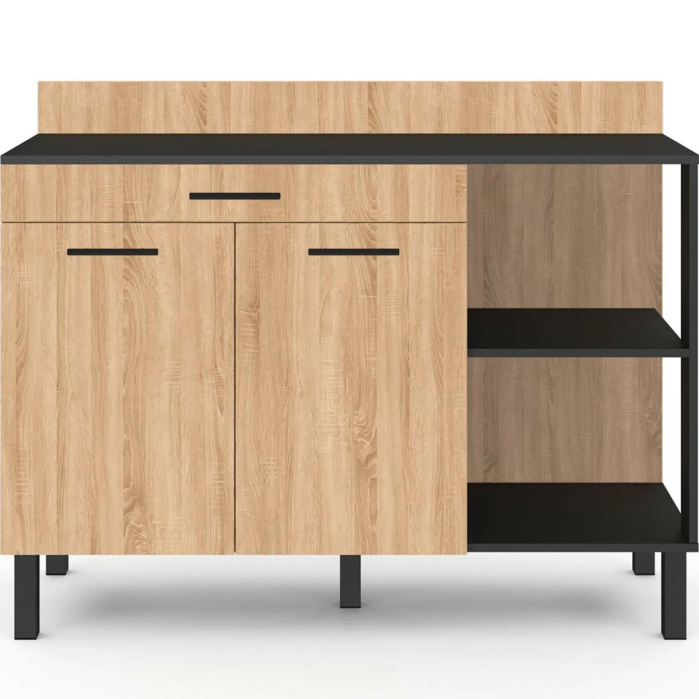Buffet bas de cuisine noir 120 cm 2 portes + tiroir bois façon hêtre*IDMarket Online