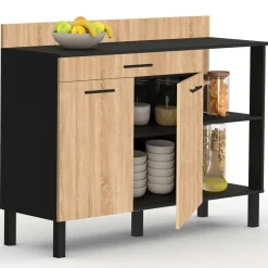 Buffet bas de cuisine noir 120 cm 2 portes + tiroir bois façon hêtre*IDMarket Online