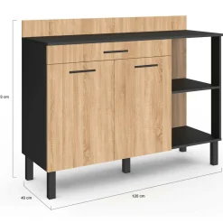 Buffet bas de cuisine noir 120 cm 2 portes + tiroir bois façon hêtre*IDMarket Online