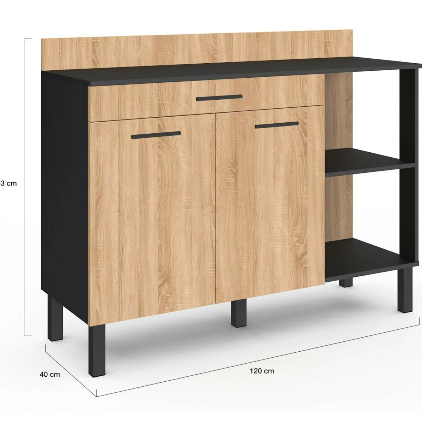 Buffet bas de cuisine noir 120 cm 2 portes + tiroir bois façon hêtre*IDMarket Online