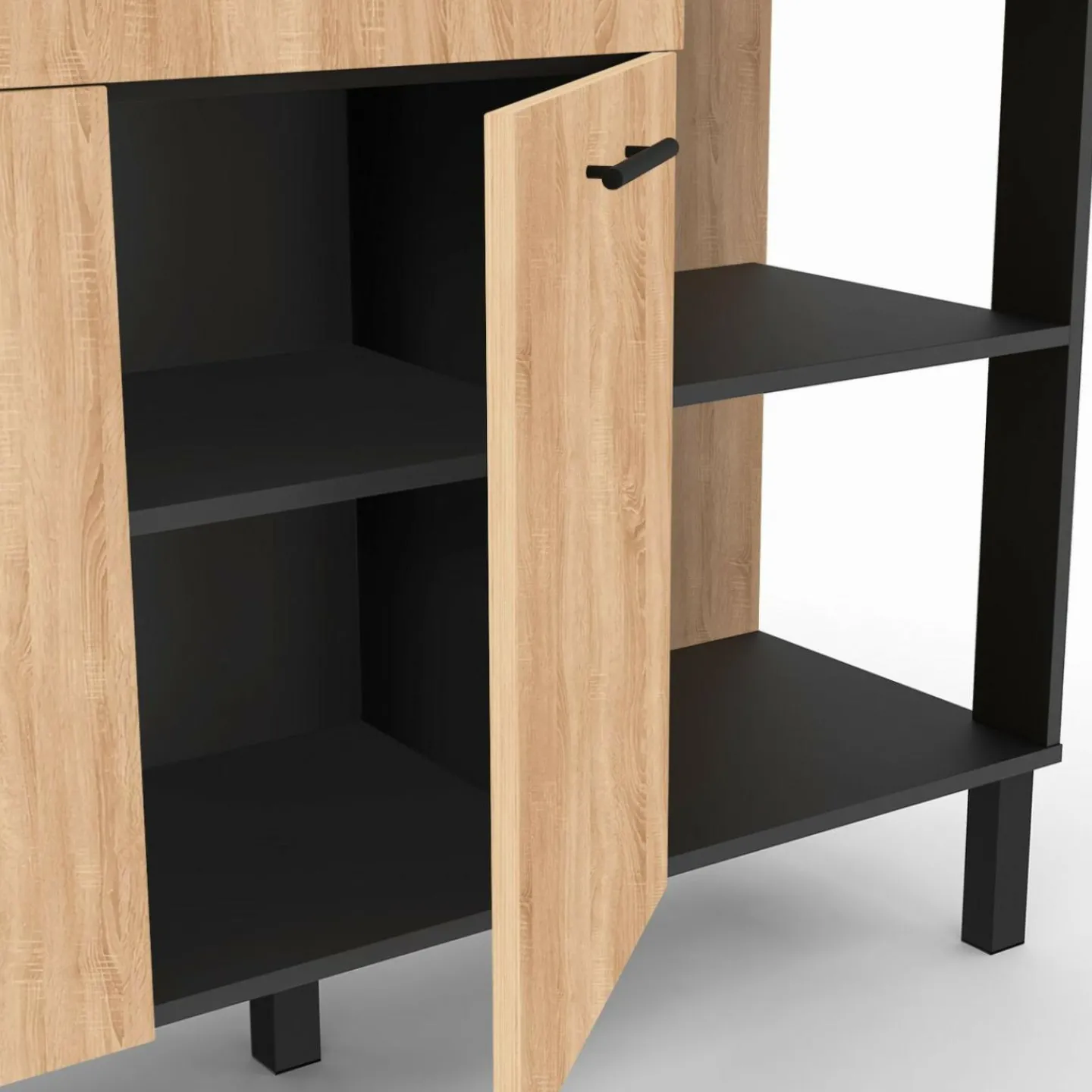 Buffet bas de cuisine noir 120 cm 2 portes + tiroir bois façon hêtre*IDMarket Online