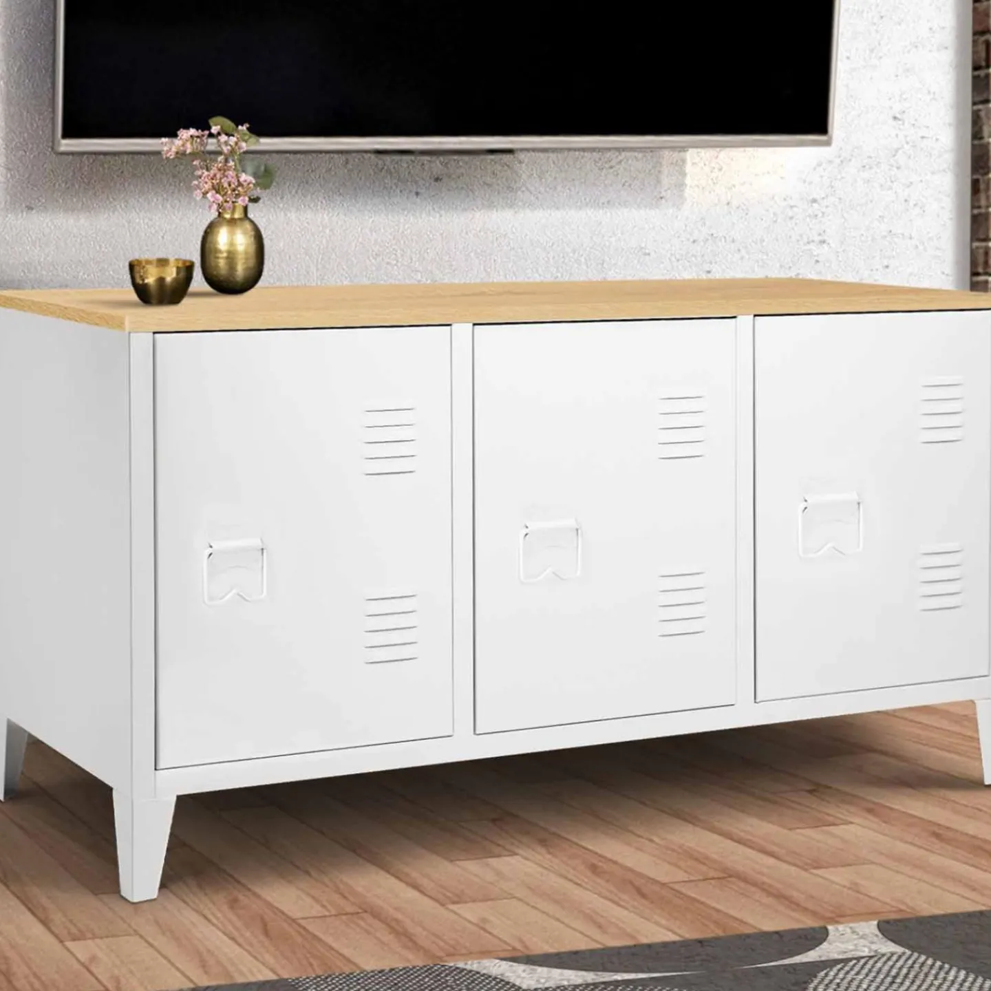 Buffet bas en métal blanc avec plateau de bois*IDMarket Discount