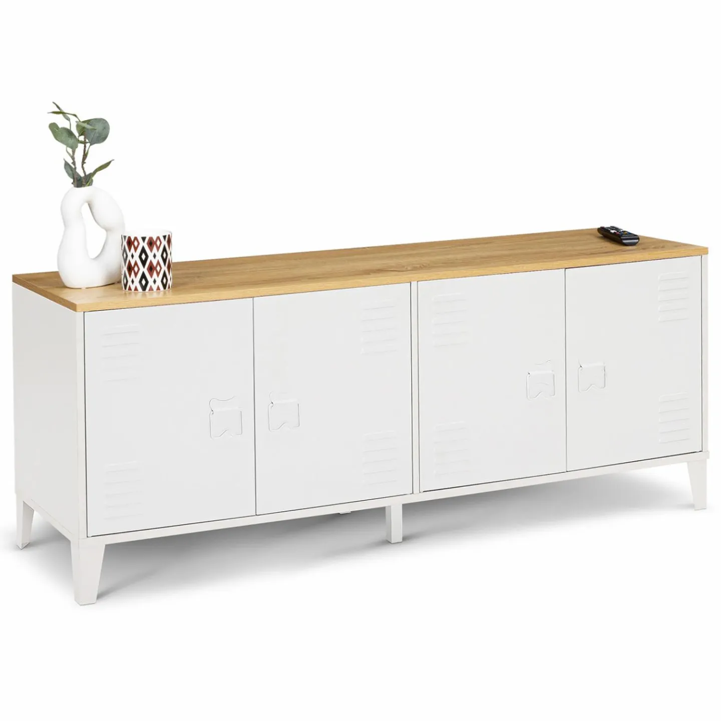 Buffet bas industriel 4 portes métal blanc et plateau bois*IDMarket Discount