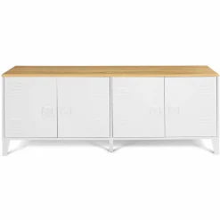Buffet bas industriel 4 portes métal blanc et plateau bois*IDMarket Discount