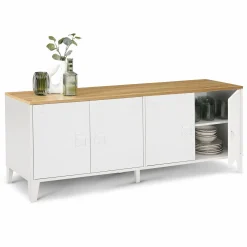 Buffet bas industriel 4 portes métal blanc et plateau bois*IDMarket Discount