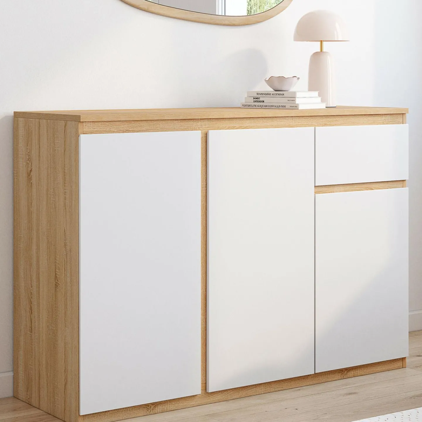 Buffet blanc et bois 100 cm 3 portes et 1 tiroir*IDMarket Best