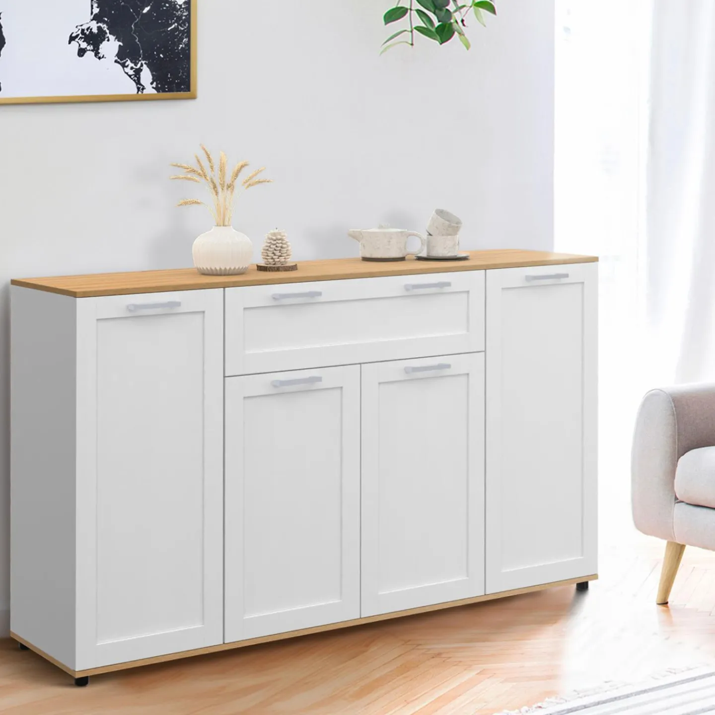 Buffet blanc et bois 4 portes 1 tiroir*IDMarket