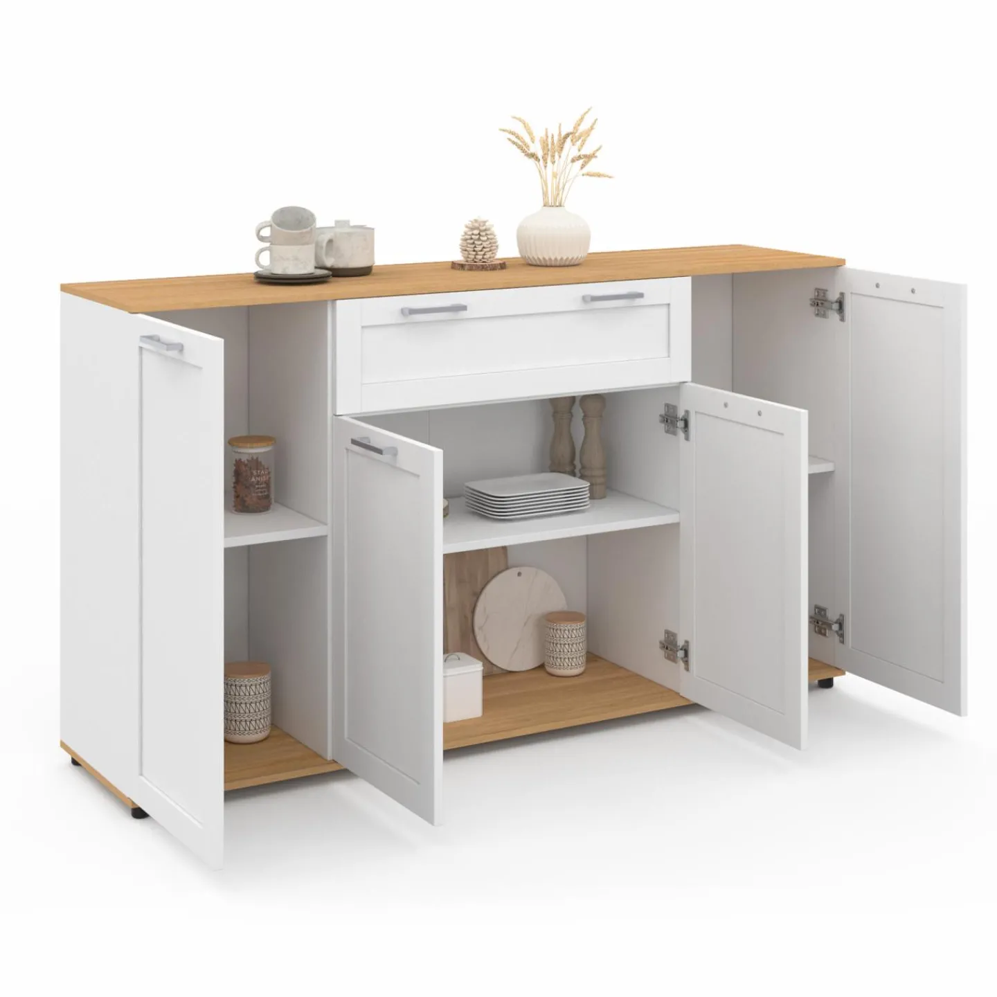 Buffet blanc et bois 4 portes 1 tiroir*IDMarket